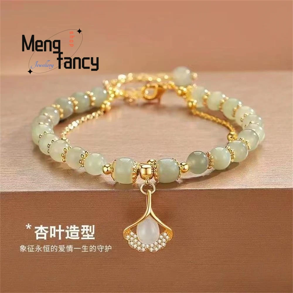 Natural Hetian Jasper Three Lifetimes Have Apricots Meet You Double Apricot Leaf Bracelet Exquisite Charm Luxury Fashion Jewelry