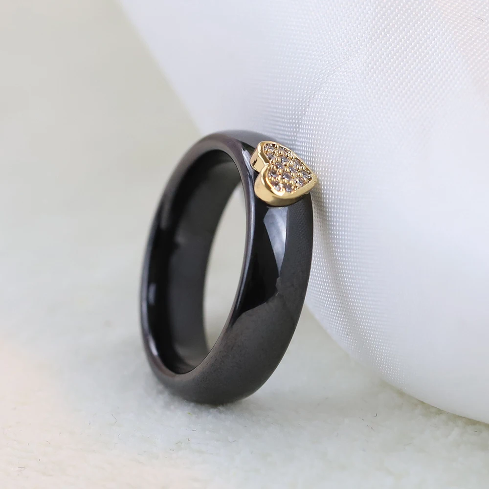 Unique Ceramic Rings Black&White Ceramic Love Heart Cubic Zircon Stainless Steel Ring European Party Jewelry