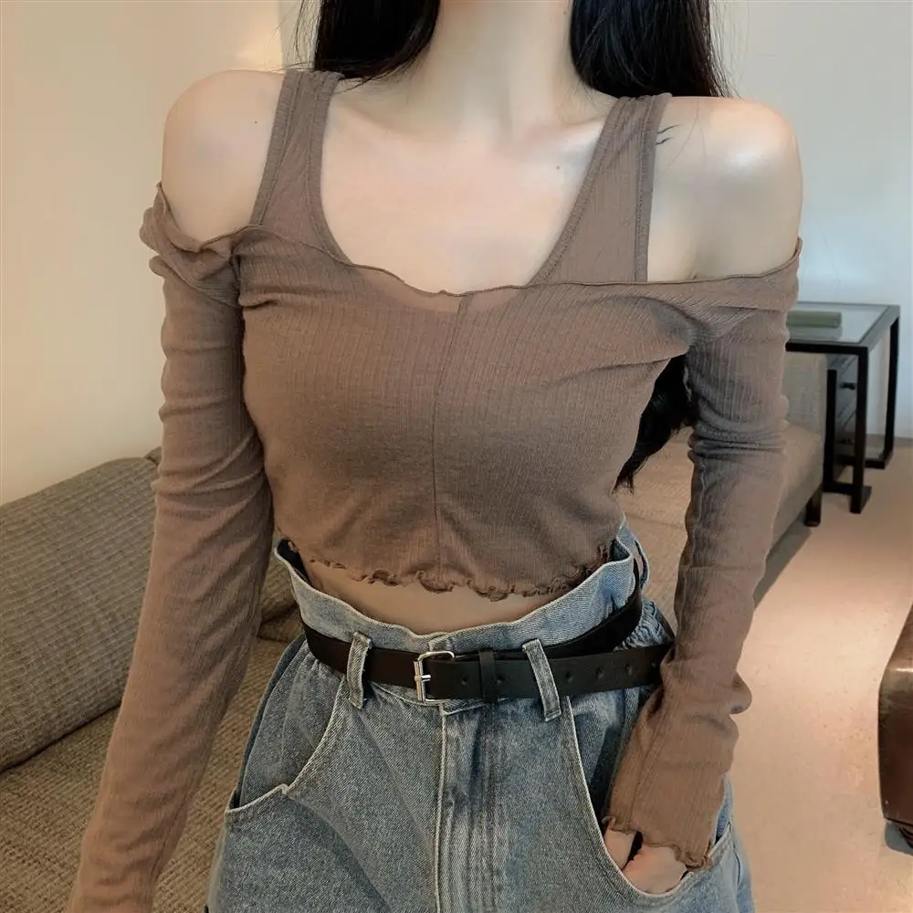 Sexy Off shoulder Fashion Tops Women Knitted Ruffles Blouse Korean Skinny Cropped Top Tee Shirt  Solid color 2022 New