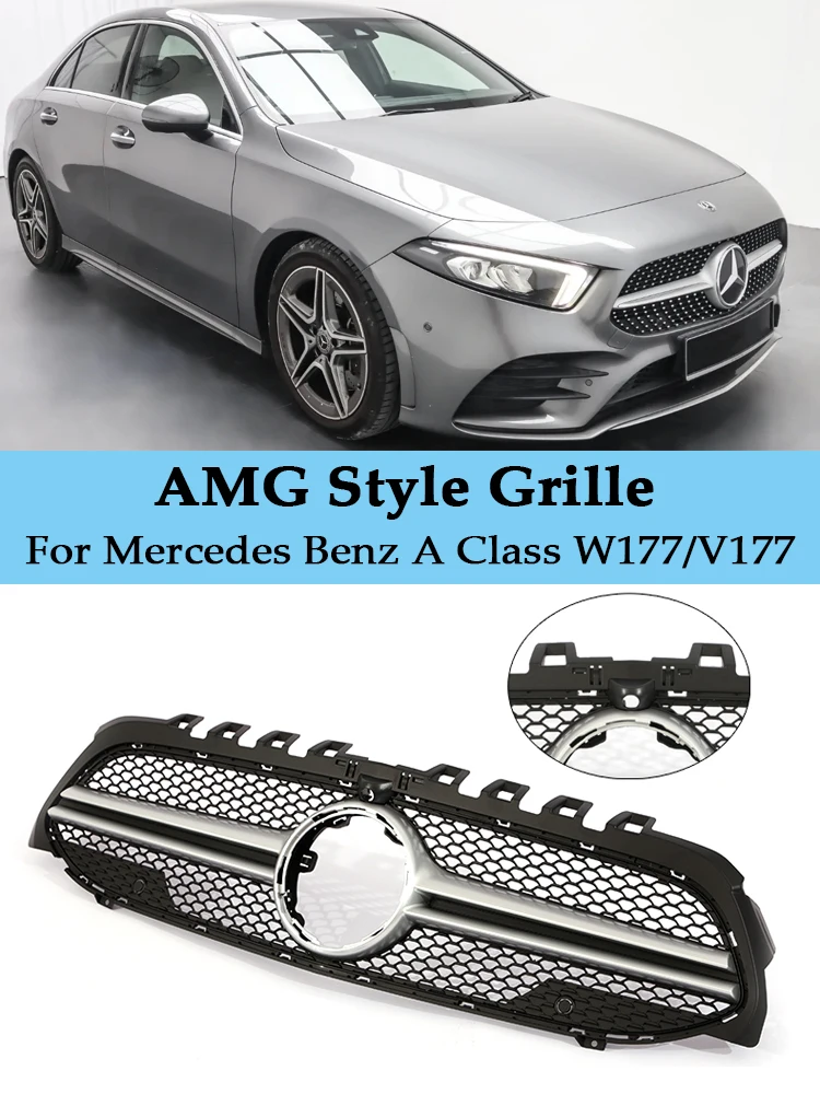 Front Bumper AMG Style Grill For Mercedes Benz A Class V177 W177 2019-2023 A35 A45 Black Chorme Grille A200 A180 Exterior Parts