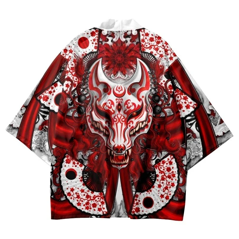 

Japanese Fox Samurai Print White Kimono Streetwear Cardigan Beach Yukata Men Women Cosplay Haori Harajuku Tops Asian Clothing