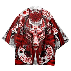 Japanese Fox Samurai Print White Kimono Streetwear Cardigan Beach Yukata Men Women Cosplay Haori Harajuku Tops Asian Clothing