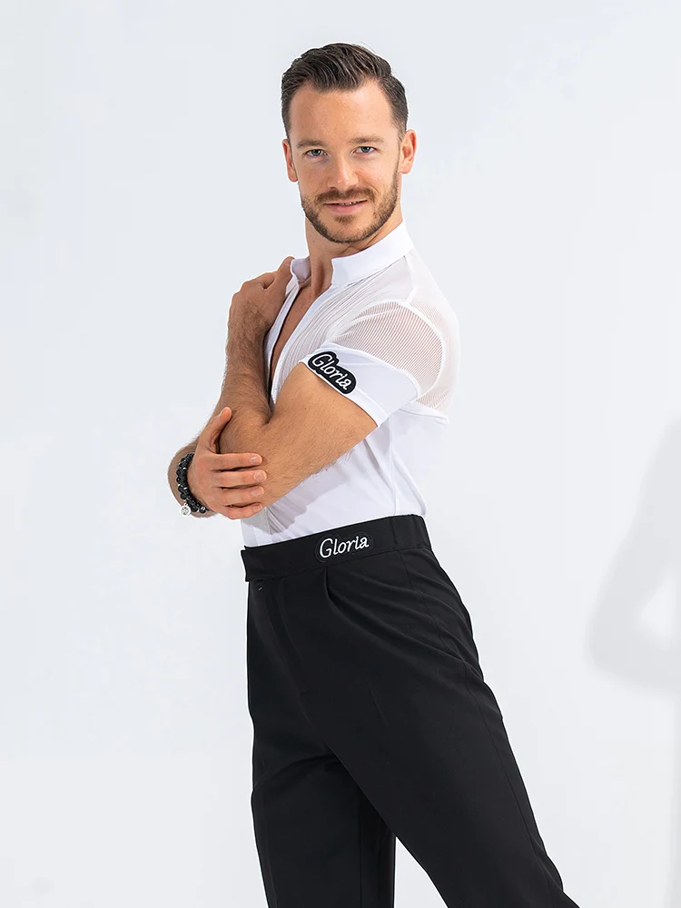 Male White Latin Dance Shirt Professional Competition Wear Summer Practice Wear Tango Ballroom Waltz Performance Tops DL10867