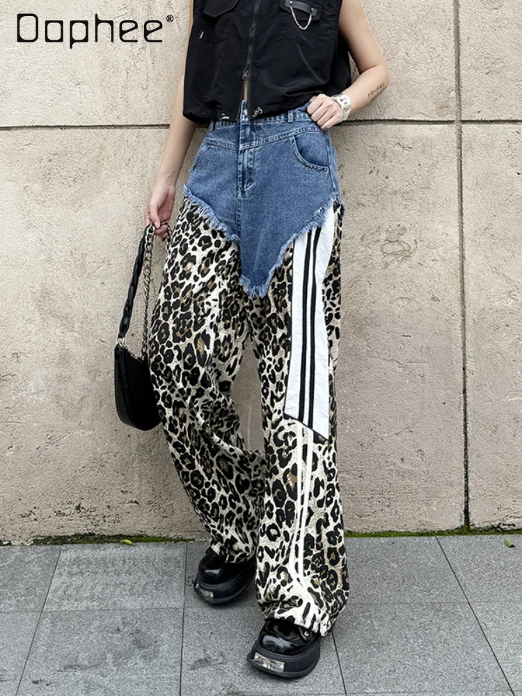 Street Leopard Print Wide Leg Pants For Women Patchwork High Waist Button Loose Denim Pants American Style Y2K Casual Trousers