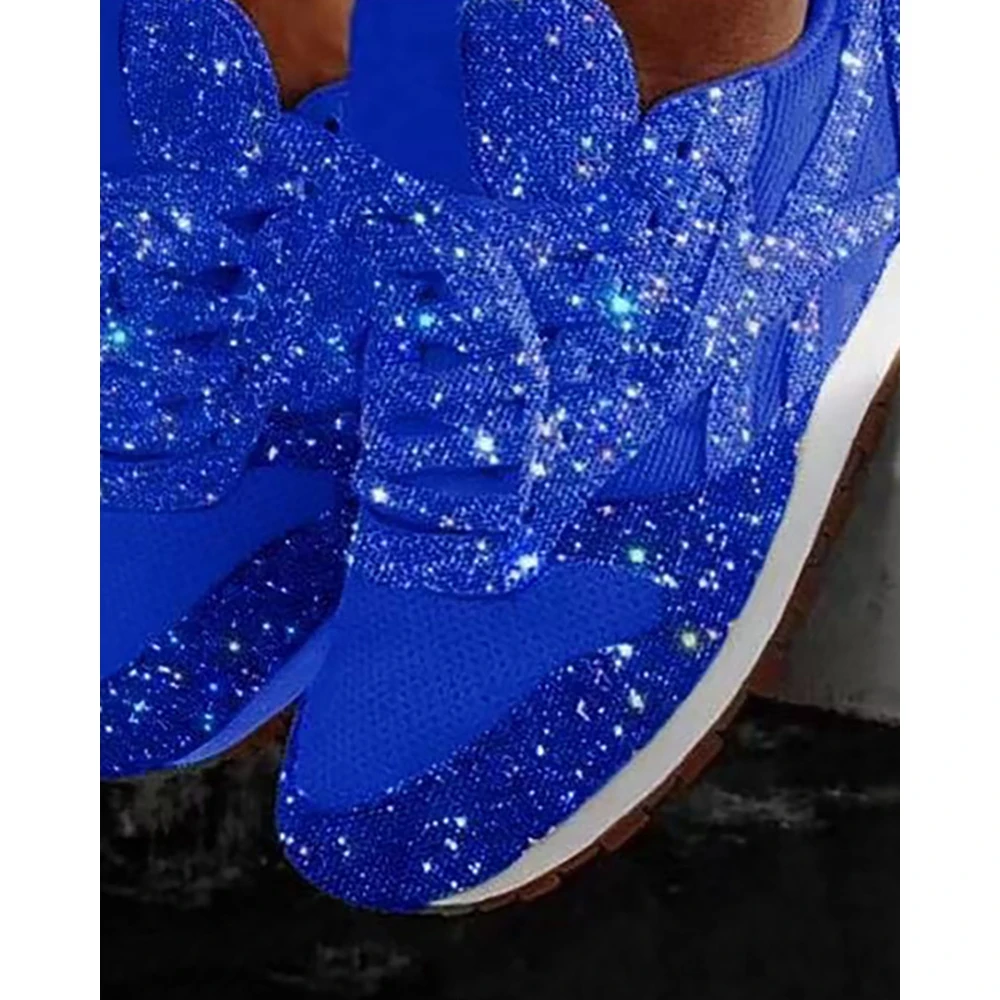 Women Bling Bling Contrast Sequin Breathable Lace-up Sneakers Casual Round Toe Flat Sports Shoes Spring Going Out Sneaker