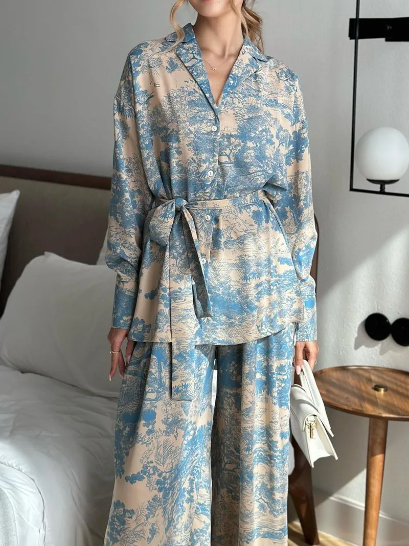 

Women's Elegant Tie Dye 2 Piece Set Autumn Belted Collared Shirt Wide Led Pants Up To 2XL Casual＆stylish Outfit For Office/Daily