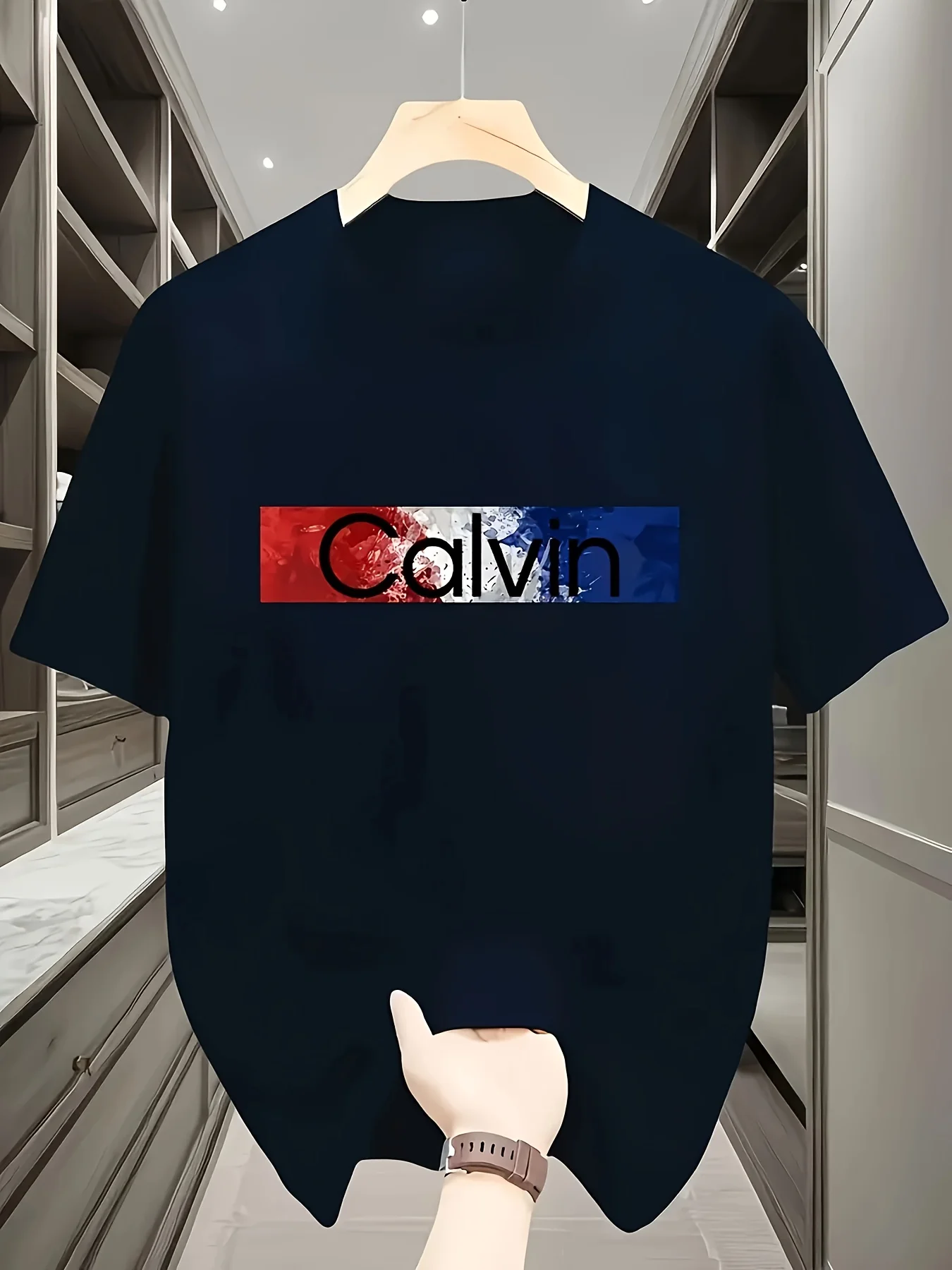 

Мужская повседневная спортивная футболка Calvin — темно-синяя, с коротким рукавом, круглым вырезом, легкий полиэстер, летняя спортивная одежда
