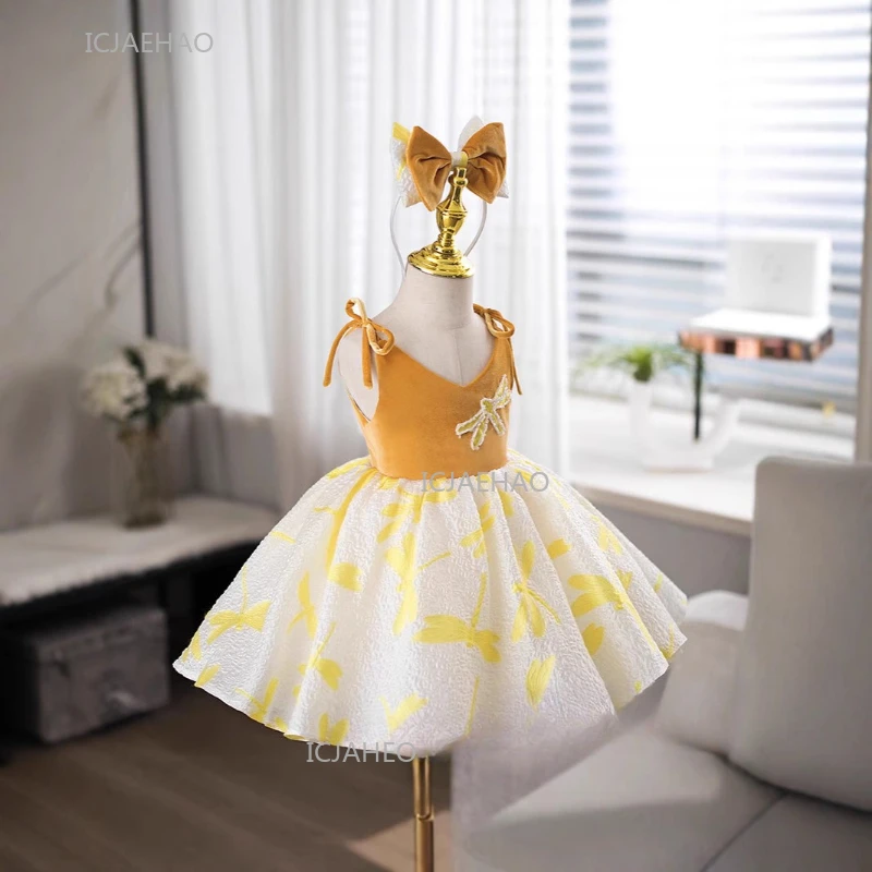 Vestido de Festa para Meninas, Vestidos Formais de Princesa para Aniversário, Traje Branco para Recital de Piano, Fantasia para Apresentação, Vestido de Gala para Concurso