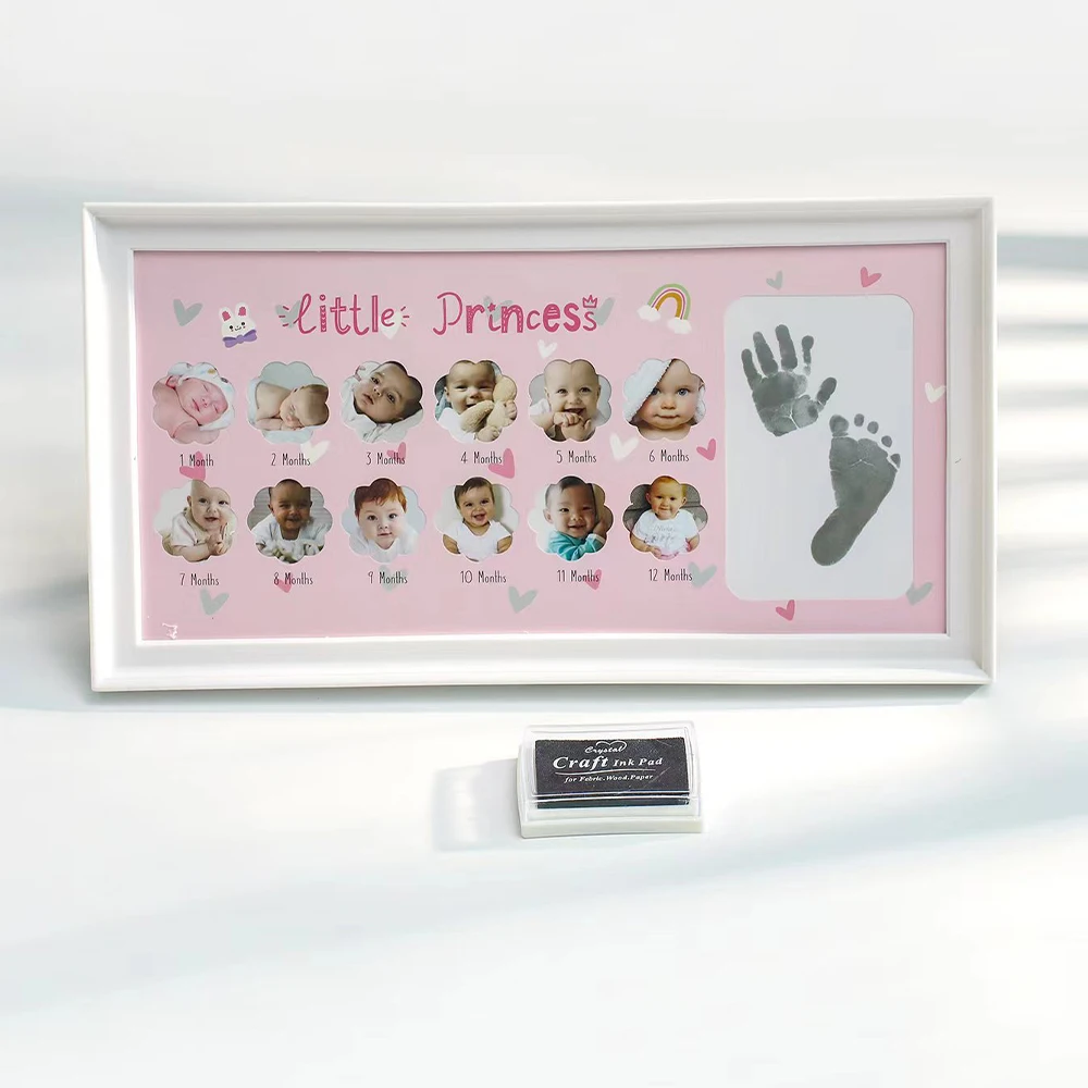 Ylsteed Baby Keepsake Frame 0-12 Months Milestone Pictures Hand Foot Print Ink Photo Frame Souvenirs Infant Growing Memory Gift