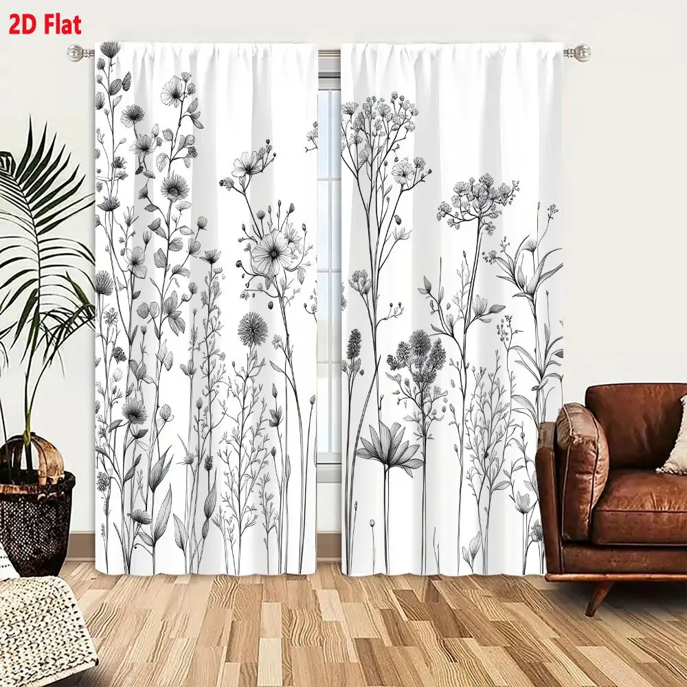 2Pcs Curtains 2D Flat Black And White Line Drawing Of Diverse Wildflowers Plants Including Daisies Poppies Delicate Clusters Ste