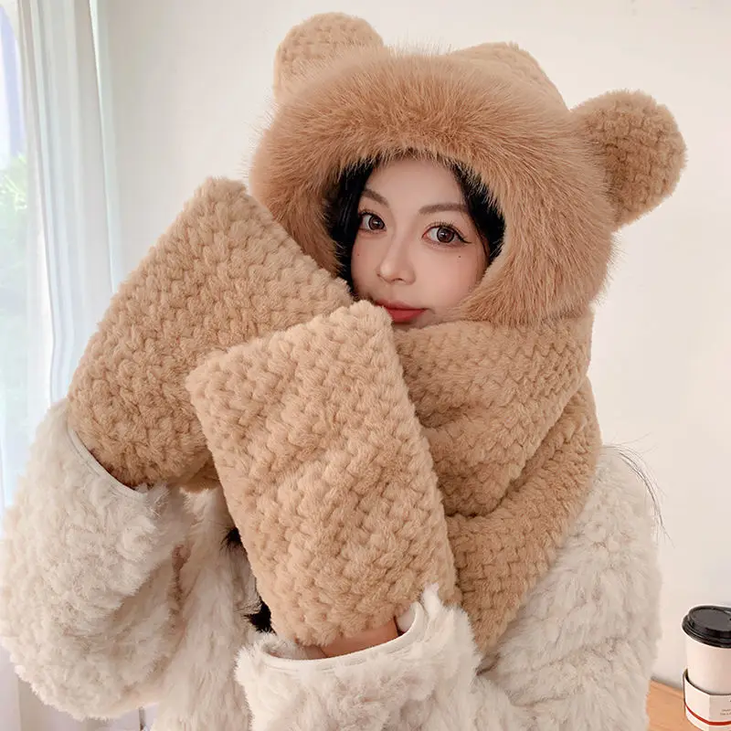 Bear Plush Hat Scarf One Female Winter Cute Autumn and Winter Three-Piece Winter Warm 2024 New Model