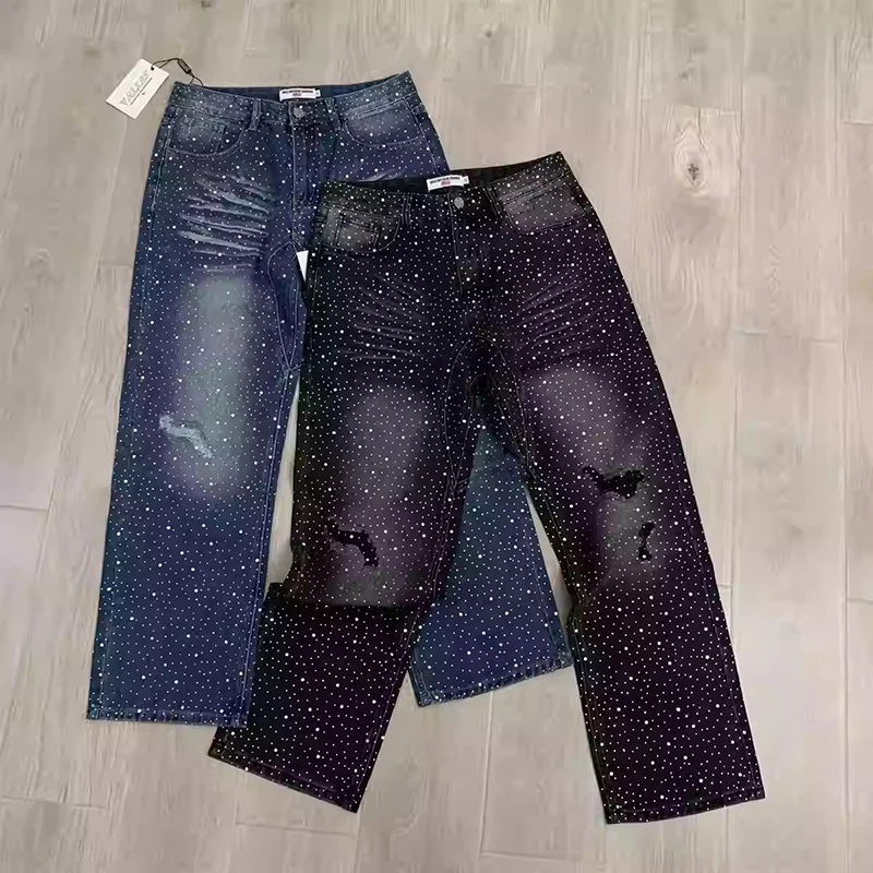 

Oversized Vale Full Diamond Shinning Washed Blue Baggy Jeans Vintage Streetwear Brilliant Rhinestone Loose Cotton Denim Trousers