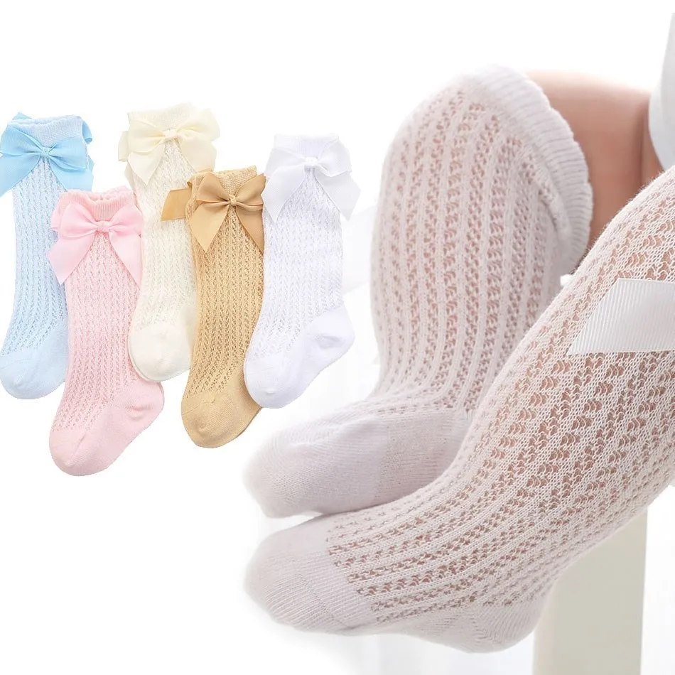 Baby Girls Knee High Socks Newborn White Beige Blue Pink Bow Stockings Infant Toddler Summer Mesh Cotton Long Socks 0-24 Months