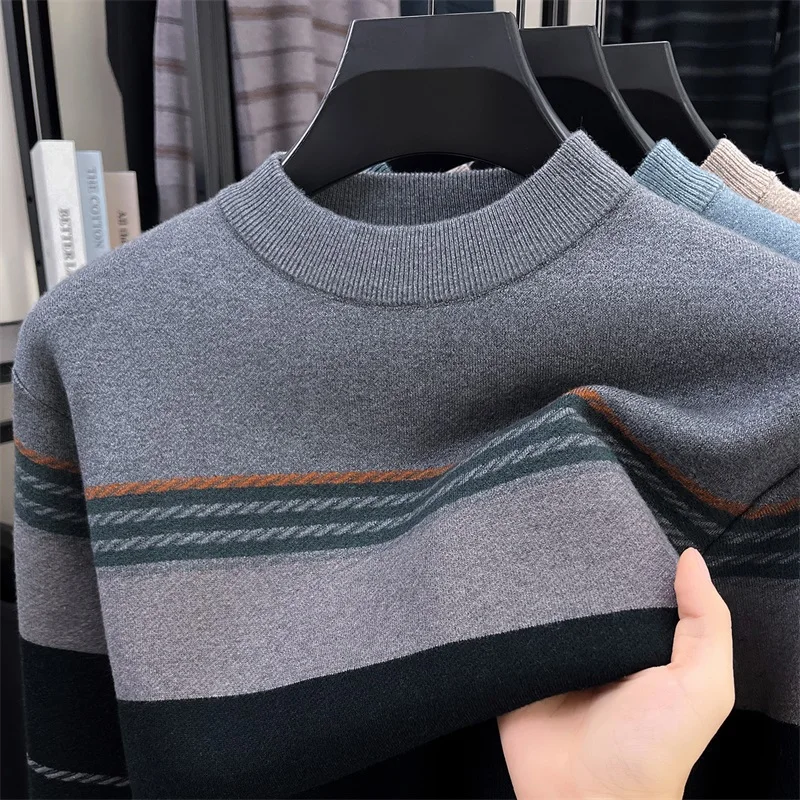 

Зимний повседневный вязаный свитер в полоску со стойкой Midlife, мягкий полиэстер, длинный свежай, Busin, повседневный, новый дизайн, теплый