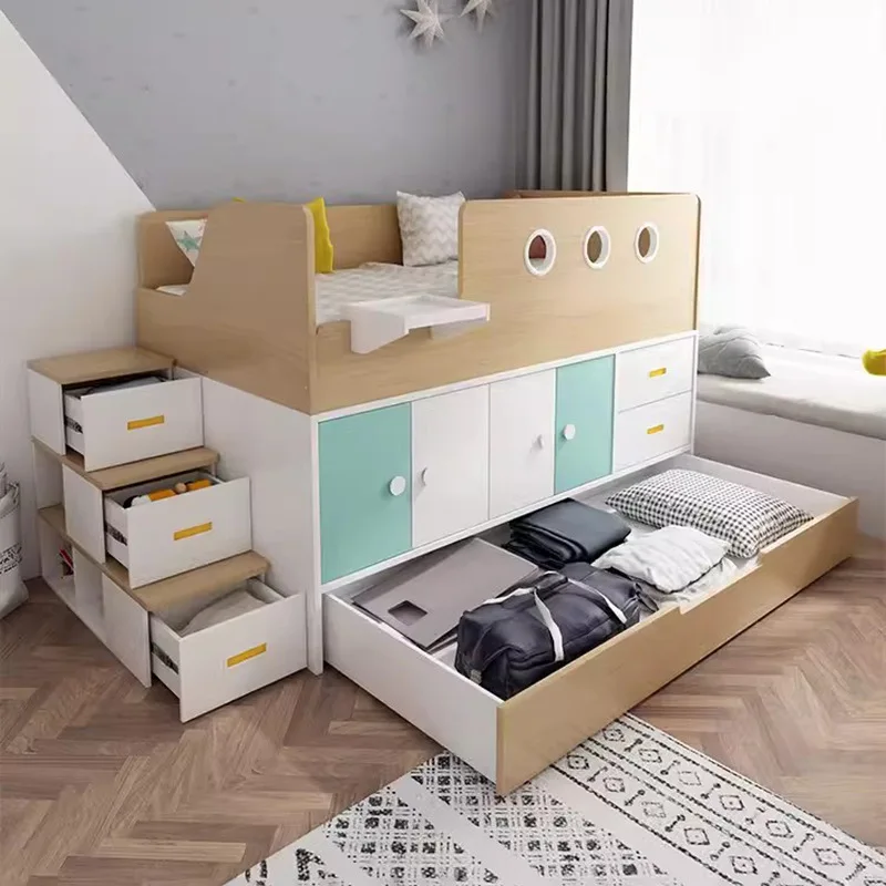Children's multi-functional half-height bed, one child, one daughter, high and low children, mother on and off the bed, wardrobe