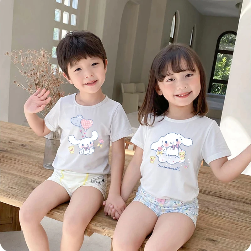 

kawaii Sanrio Cinnamoroll Cartoon Printed Kids T-shirt Summer Boys Girls Cotton Loose Short Sleeve Tops Children Birthdays Gift