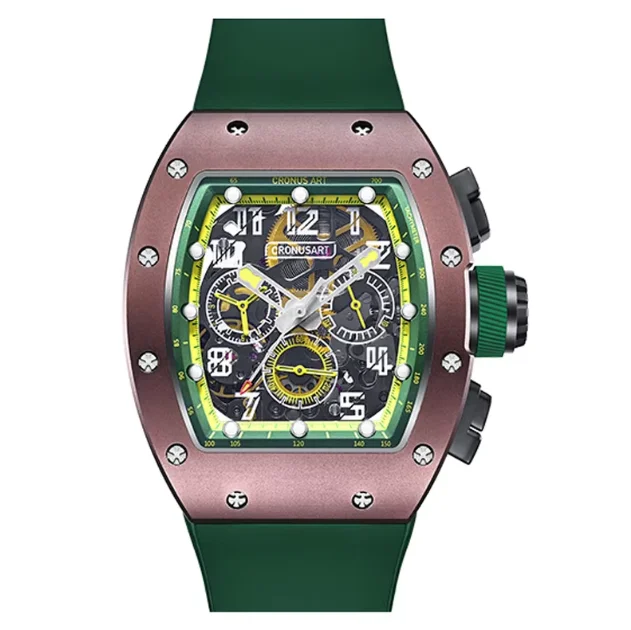 

CRONUSART Men Chronograph Watch 50mm Tonneau Automatic Mechanical Wristwatch Skeleton Dial Luminous Sapphire Fluororubber Strap