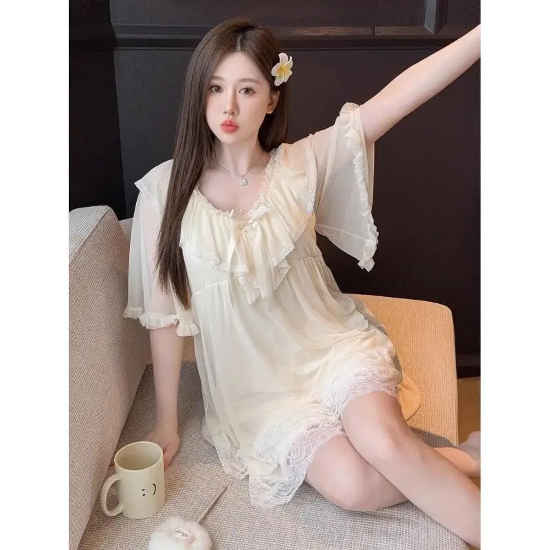 

Женский пижамный комплект: кружевная ночная сорочка, летние тонкие брюки, сексуальный домашний комплект с подкладкой на груди, в стиле Pure Desire Court Sle