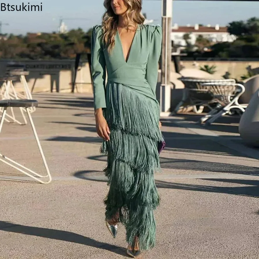 Neue 2026 Französische Elegante Abendkleider mit Tiefem V-Ausschnitt für Damen, Frühjahrsmode, Patchwork-Quastenkleid, Langärmliges Schlankes Maxikleid