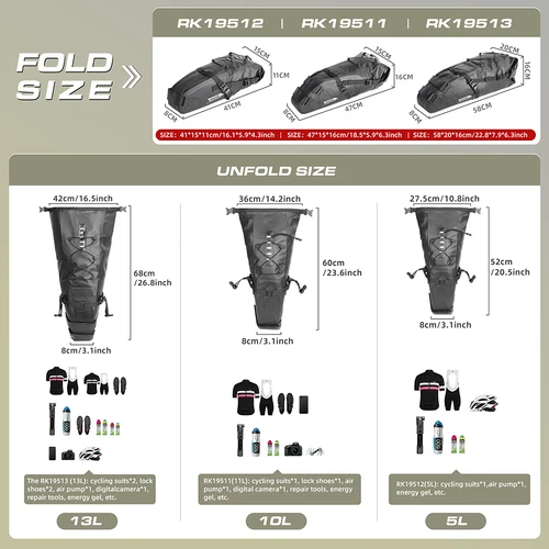 Imagen 2 del producto Rhinowalk bolsa para SILLÍN de bicicleta, bolsa impermeable para asiento trasero con soporte estabilizador gratis, gran capacidad, paquete de Alforjas para bicicleta, 5L/10L/13L