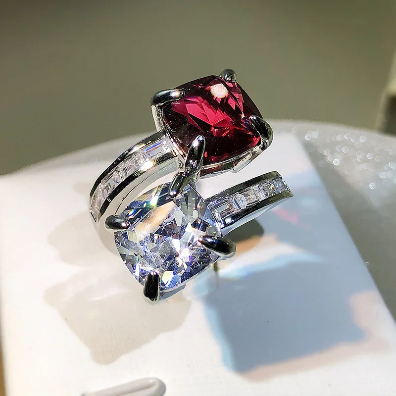 925 srebrny wysokiej rozdzielczości kwadratowy pierścionek w kształcie księżniczki moda różowy cyrkon moissanite otwarcie damski pierścionek impreza prezent urodzinowy