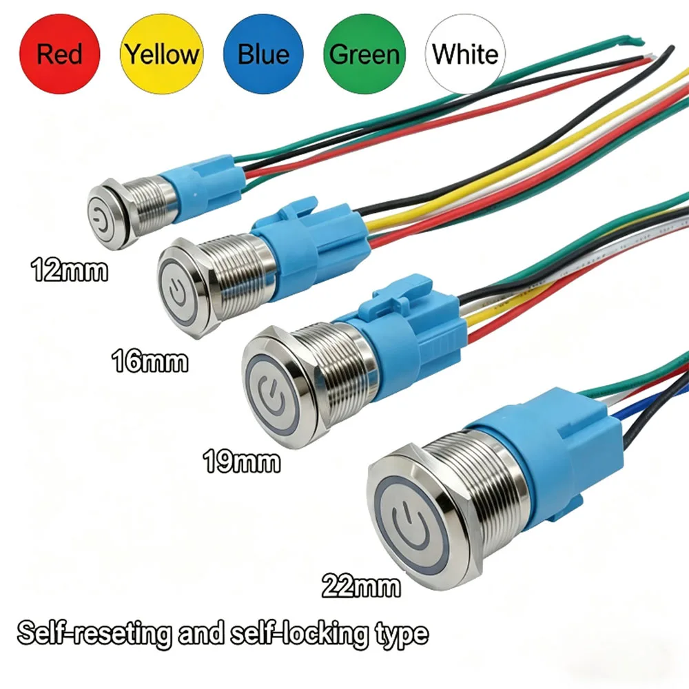 12mm 16mm 19mm 22mm Waterproof IP66  Flat Circular Round Metal Button Switch LED Red Momentary Latching 3V 6V 12V 24V 110V 220V