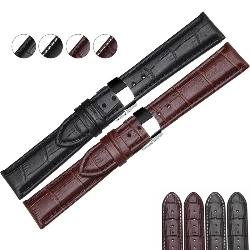 12mm 14mm 16mm 18mm 20mm 22mm Genuine Leather Strap Cowhide Watch Chain Men's Women's Crocodile Patterned Watchband Black Brown