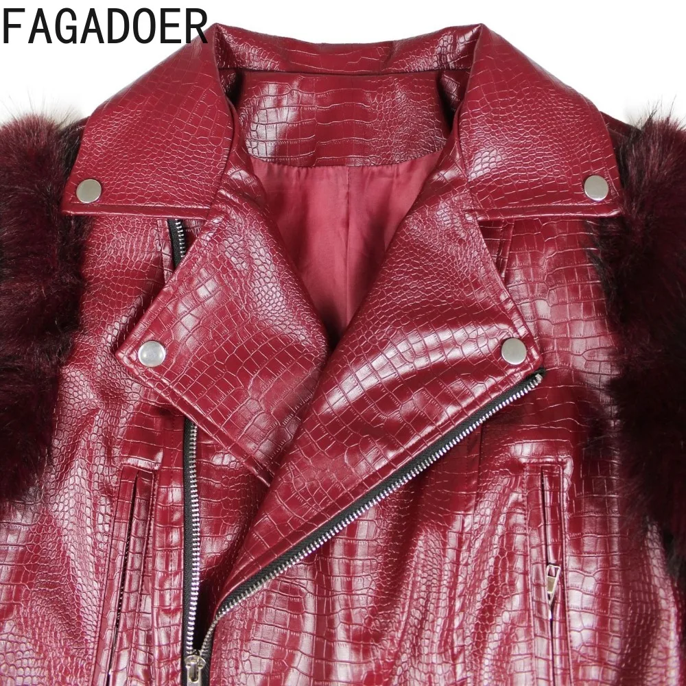سترة FAGADOER شتوية جديدة مثيرة من الجلد والفرو للنساء معطف قصير بسحاب للدراجات النارية ملابس خروج نسائية #6