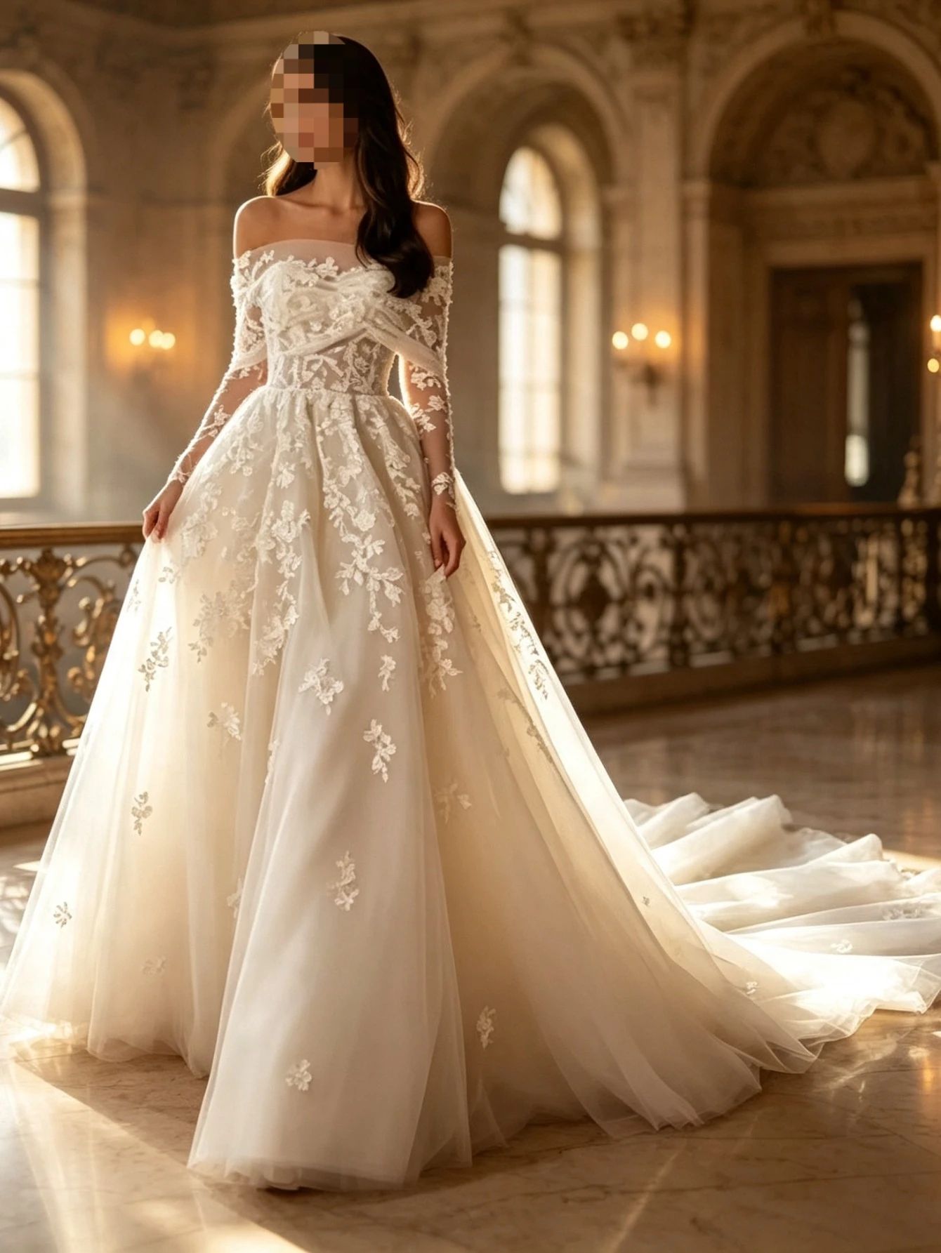 Customized Romantic Off Shoulder Embroidered Lace Wedding Dresses 2026 Vintage Long Sleeves Ruffle Chiffon A-line Bridal Gown