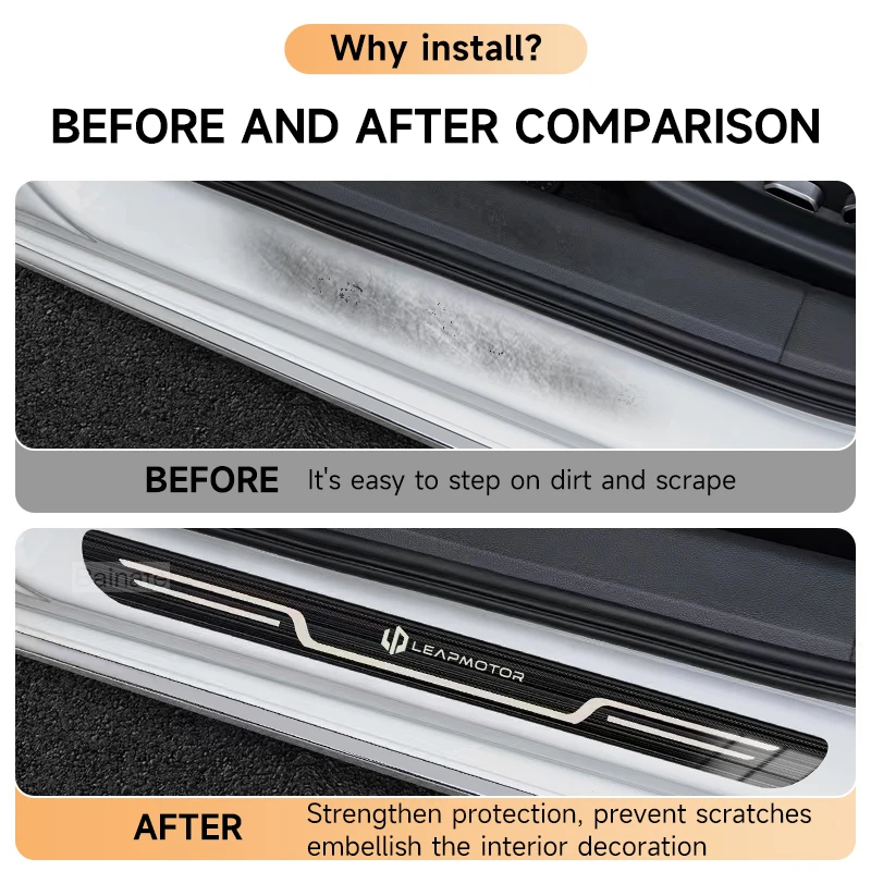 Car Stainless Steel Door Sill Scuff Plate Fit For Leapmotor C10 C11 C16 B01 B10 C01, Carbon Fiber Threshold Protective Sticker