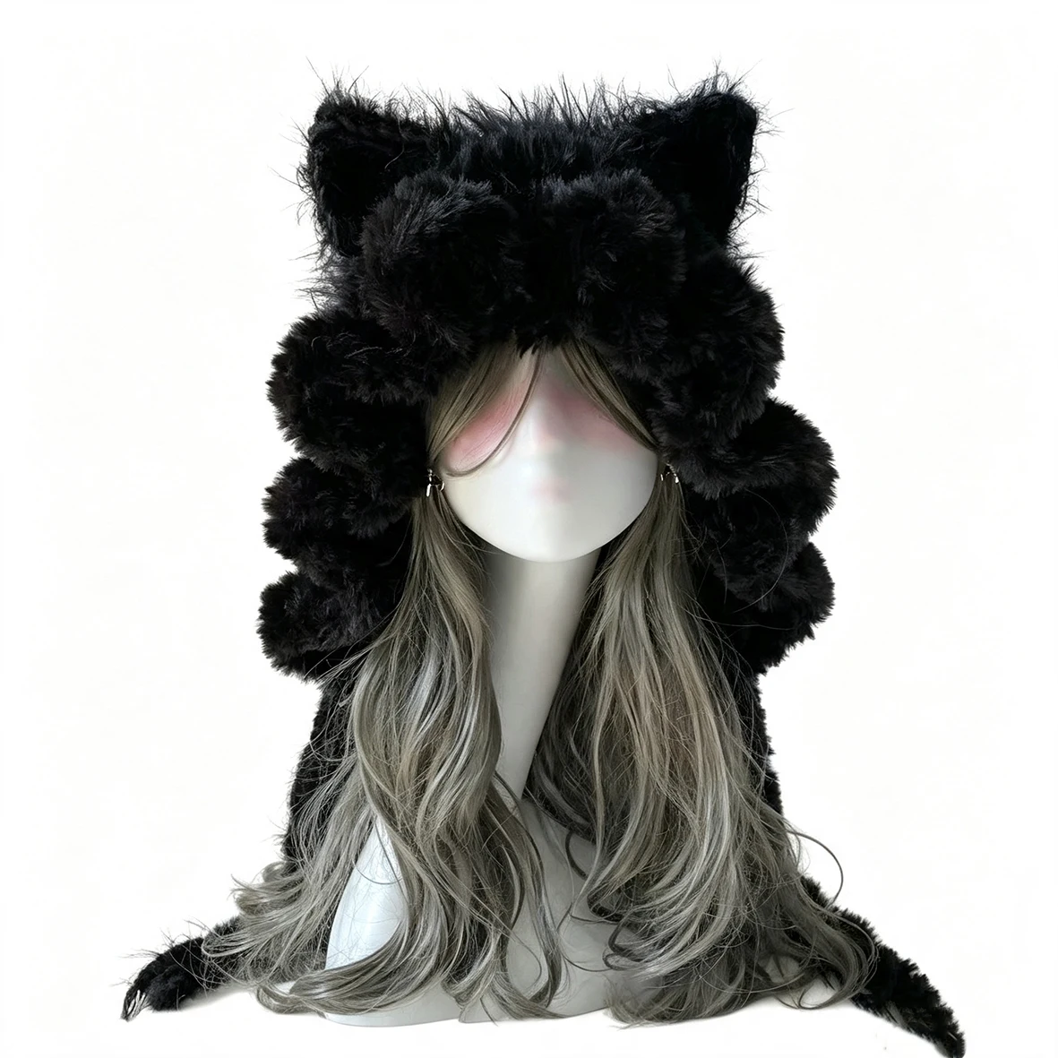 Handmade Crochet Black Cat Ear Hood Man Soft Fluffy Knitted Beanie Winter Warm Hat For Women Gothic Cosplay Dark Y2K Custom Gift