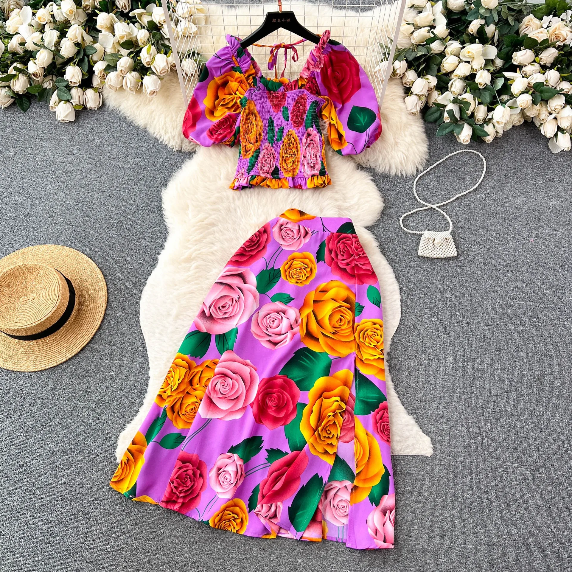 YuooMuoo Women Dress Set Summer Y2K Fashion Print Flowers Crop Tops + Long A-line Skirts Lady Vacation Beach Two Piece Suits