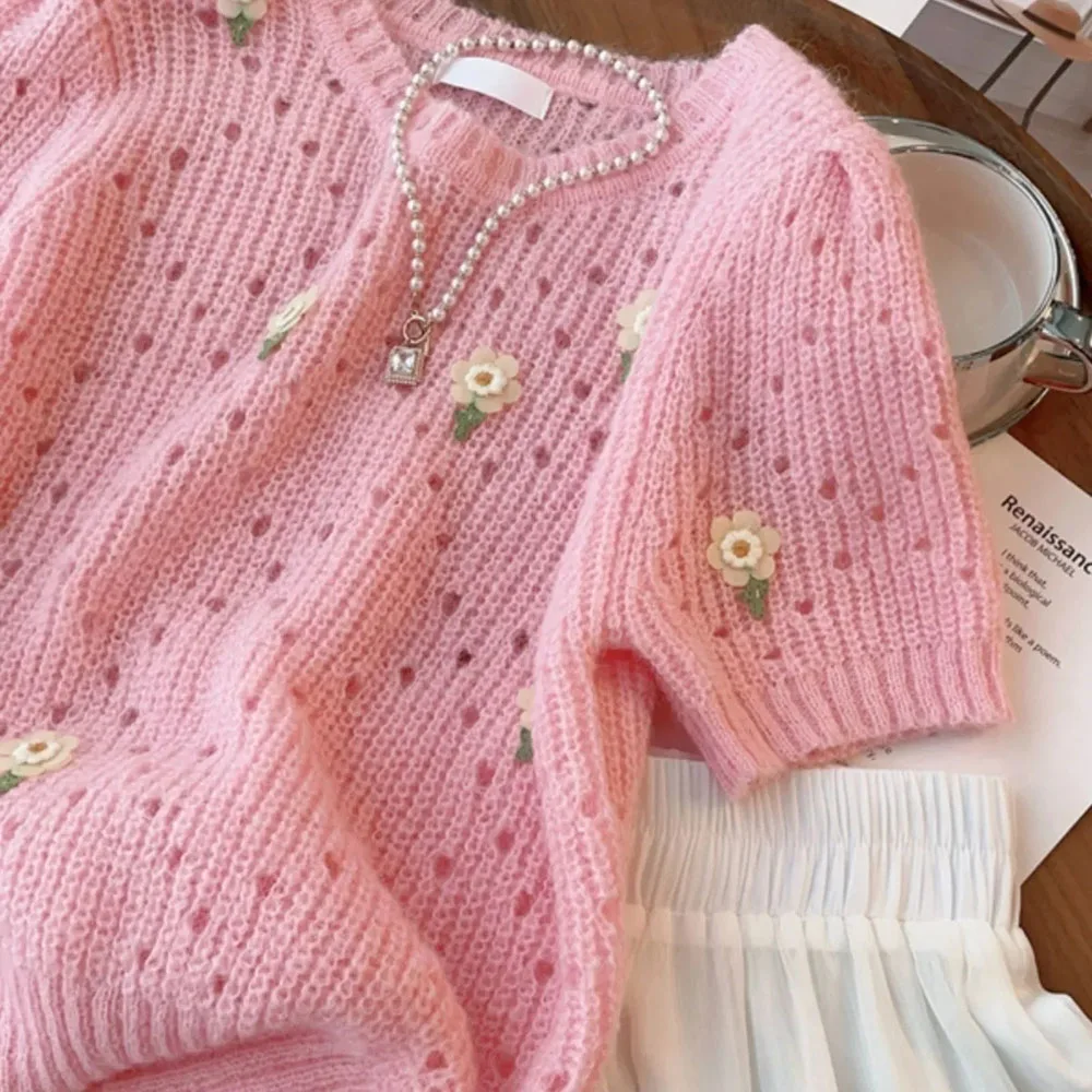 2024 Summer New Sweaters Women\'s O Neck Jacquard Pink Pullovers Fashion Loose Short Sleeve Knitted Tops Ladies Elegant Knitwears