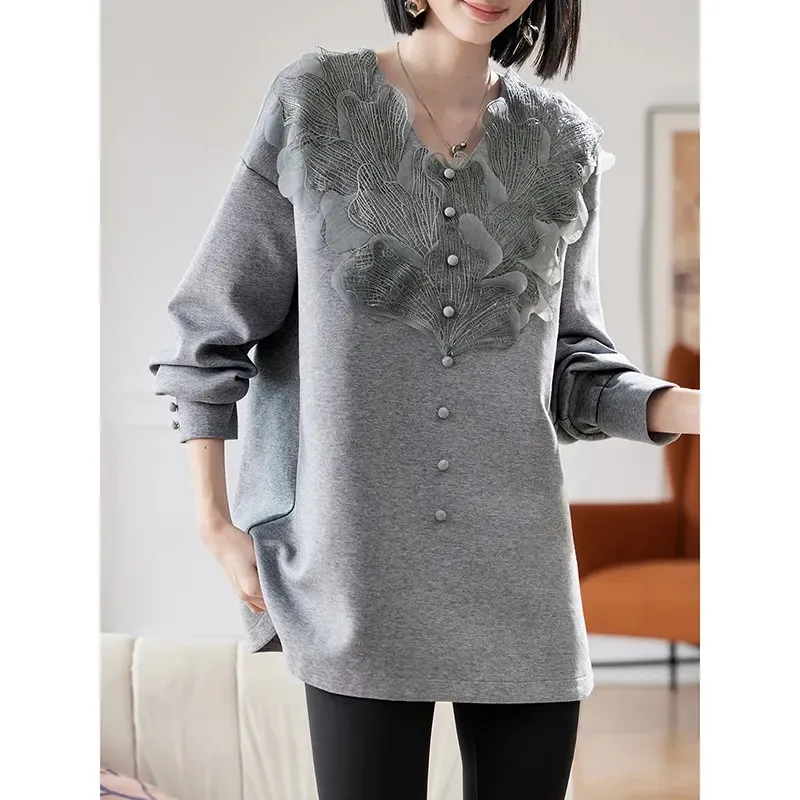 

Женская толстовка средней длины с кружевными вставками, свободного кроя, с длинными рукавами, для весны/осени, модная, универсальная, повседневная и минималистичная.