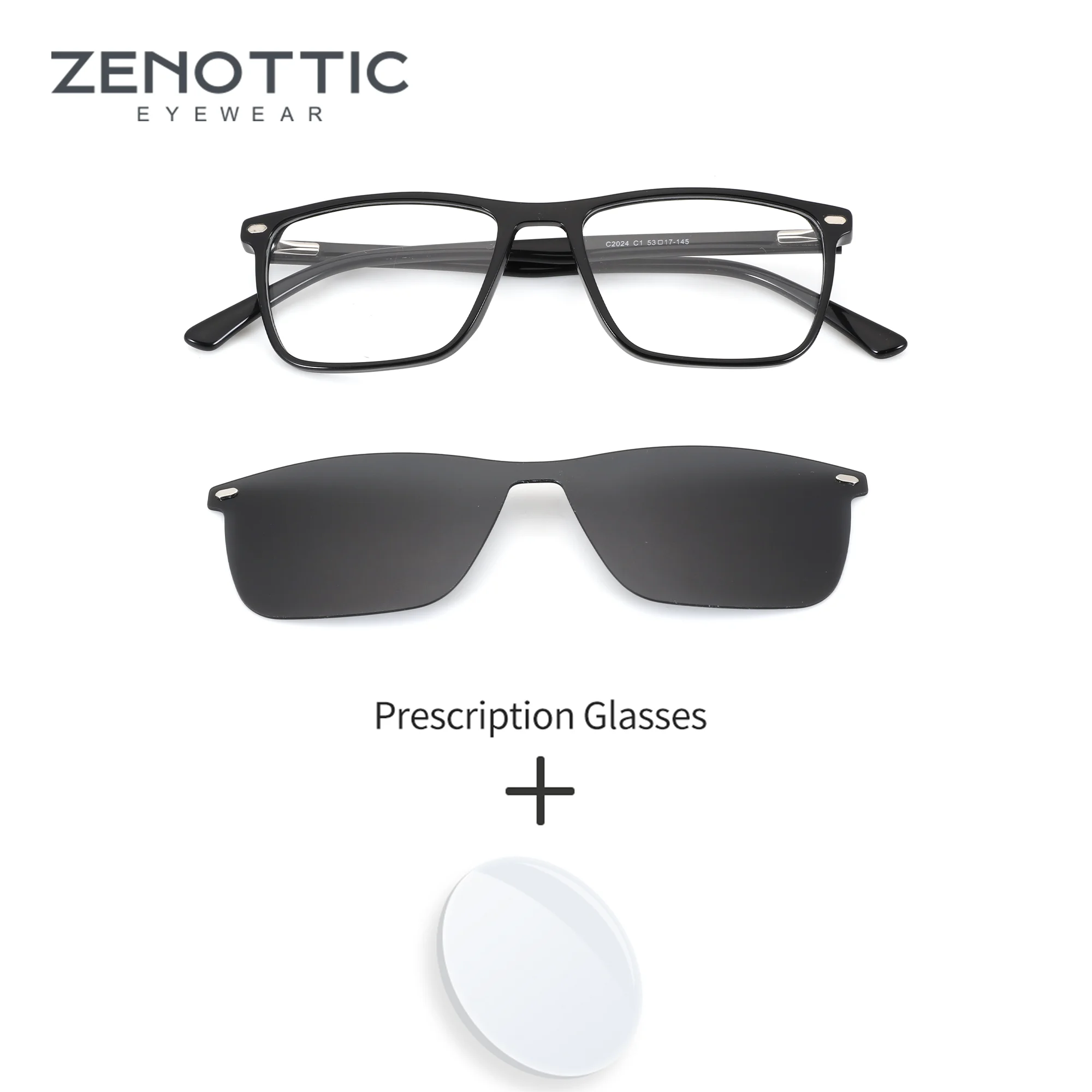 

ZENOTTIC XS Size Clip On Men Square Black Acetate with Blue Light Filter Lenses and Polarized Sunglasses Prescription Glasses