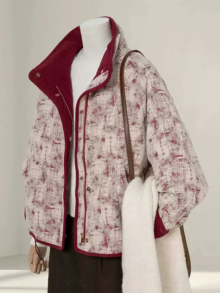 

Корейская утепленная хлопковая куртка с принтом для женщин, с воротником-стойкой, зимняя верхняя одежда, модная для повседневной носки