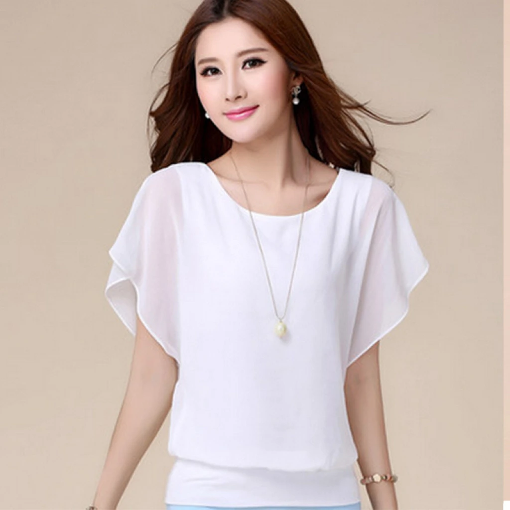 

1pcs Summer Batwing Sleeve Chiffon T-Shirt Loose-Fit Women's Clothing Base Layer Top Fashionable Lady Plus Size Short Sleeves