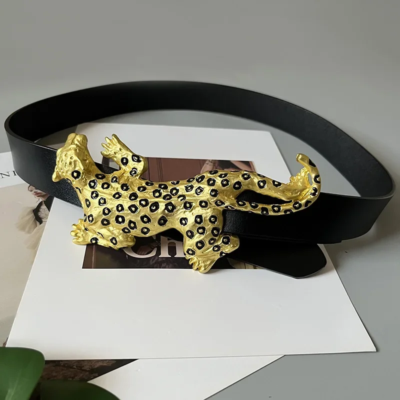 

Women's fashion show genuine leather spotted leopard print wide belt ladies dress waist belt versatile decorative wide belt