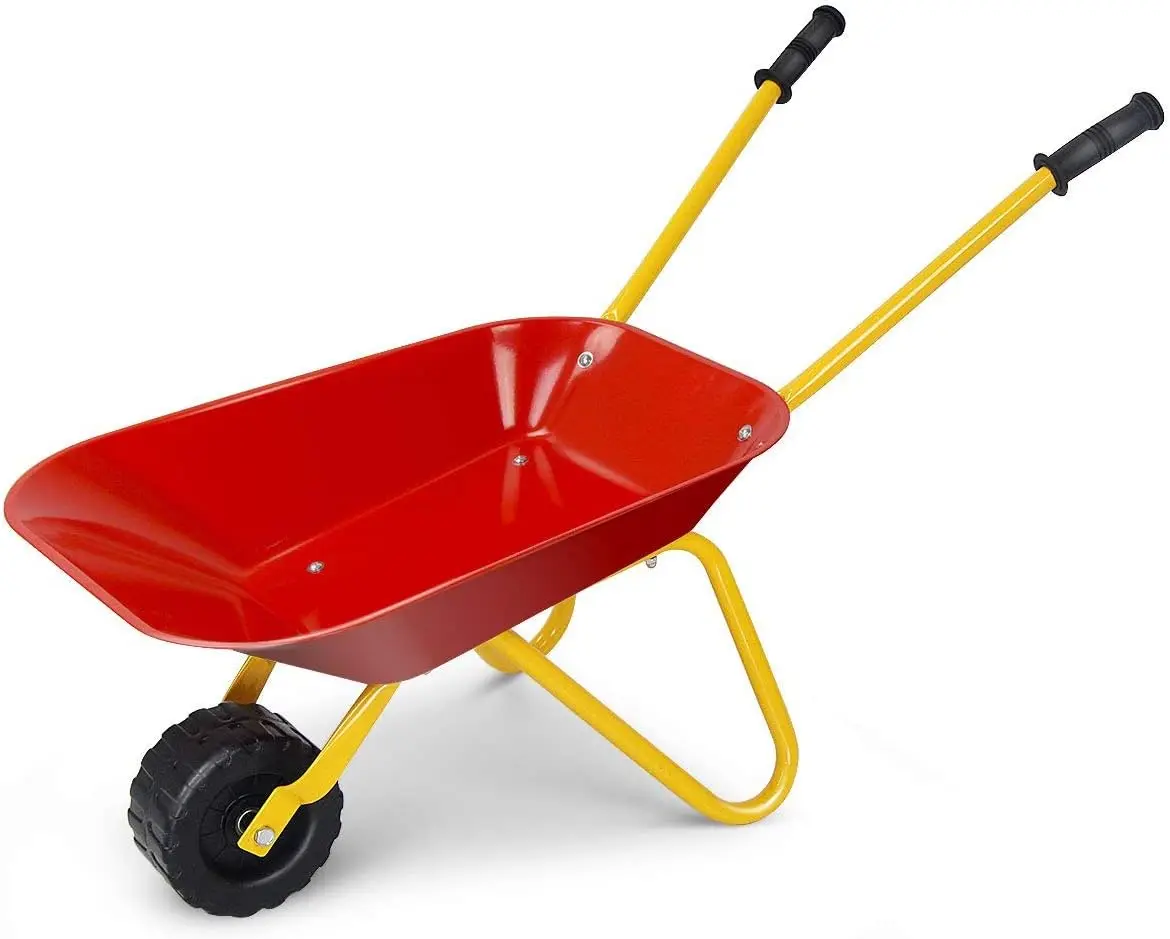 

Kids Metal Wheelbarrow Toy, Steel Tray for Garden Play with Tools and Leaves, Red Color