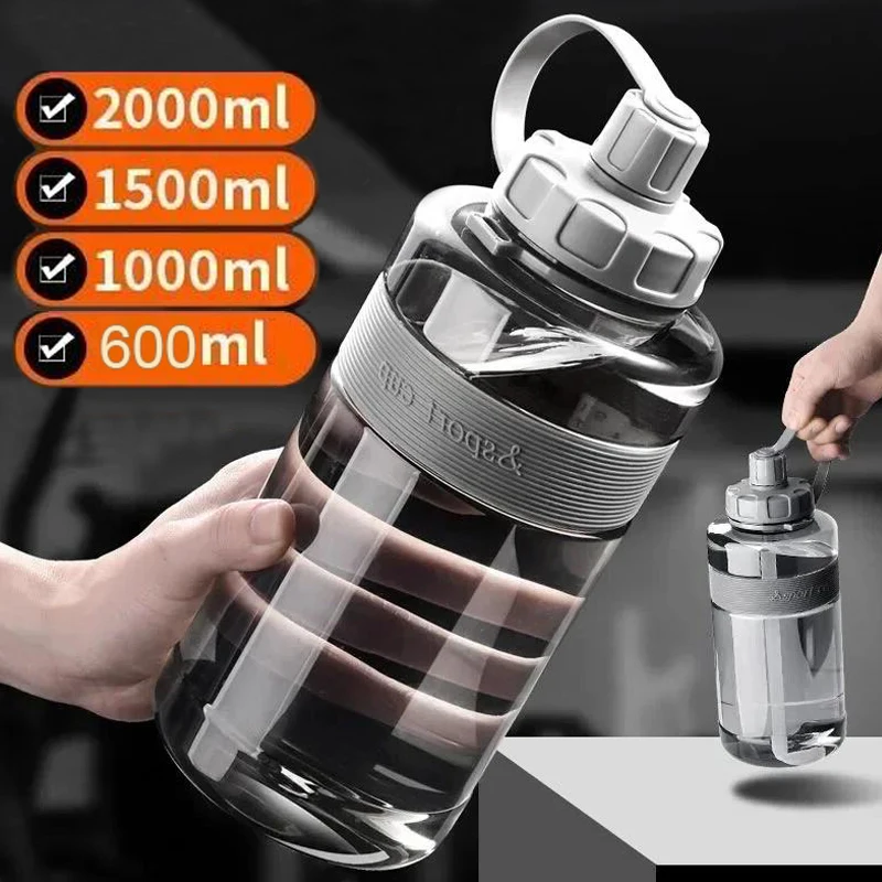 2-Liter-Großwasserflasche mit Strohhalm, 2 l/1,5 l/1 l/0,6 l, großes Fassungsvermögen, für Schule, Fitnessstudio, Sport, Trinkflaschen, BPA-frei, Fitness