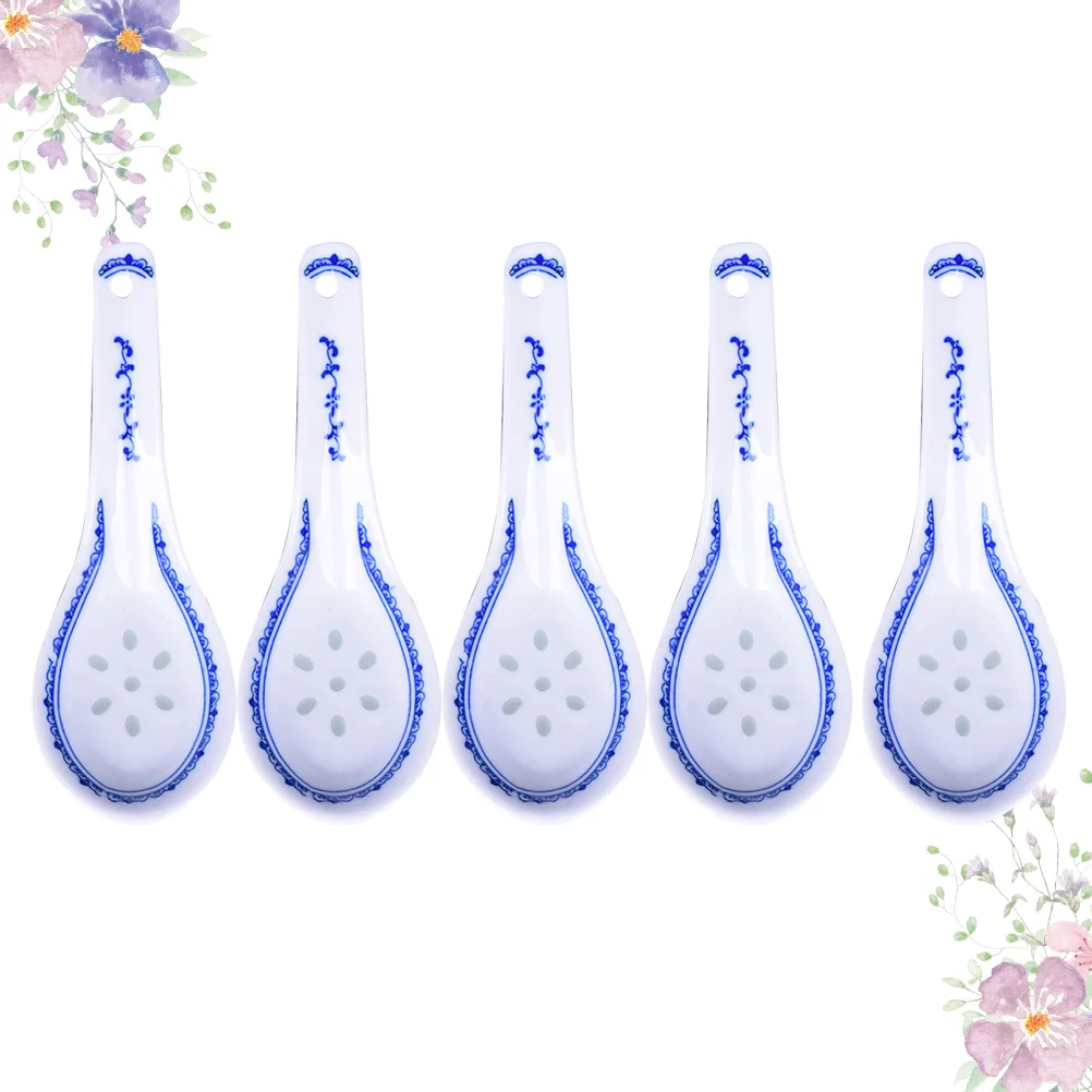

5Pcs Ceramic Soup Spoon Blue White Porcelain Heat Resistant Multi-Use Ramen Porridge Ice Cream Tableware