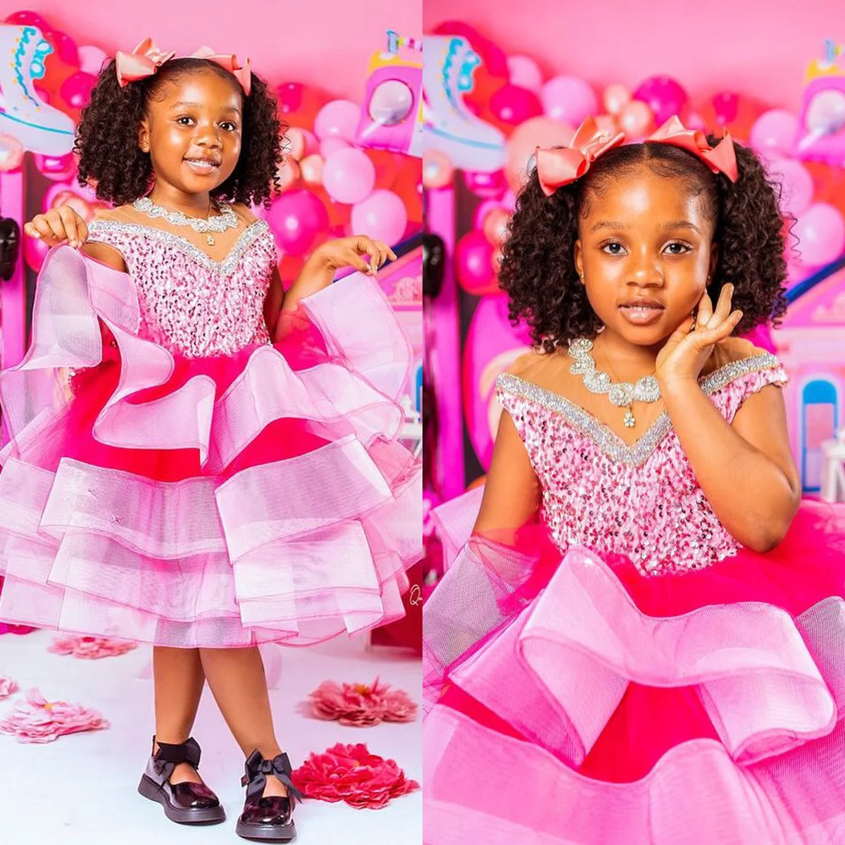 

Pink Kids Birthday Party Dresses Sequined Beading Ruffles Flower Girl Dresses for Wedding Baby Girls Prom for Photoshoot