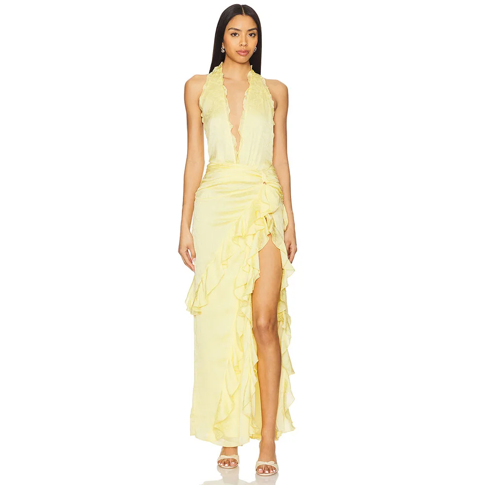 

Modern V Neck Chiffon Evening Dress Mermaid Yellow Prom Gown For Wedding Ankel Length Ruffles Halter Formal Slit Party Dress