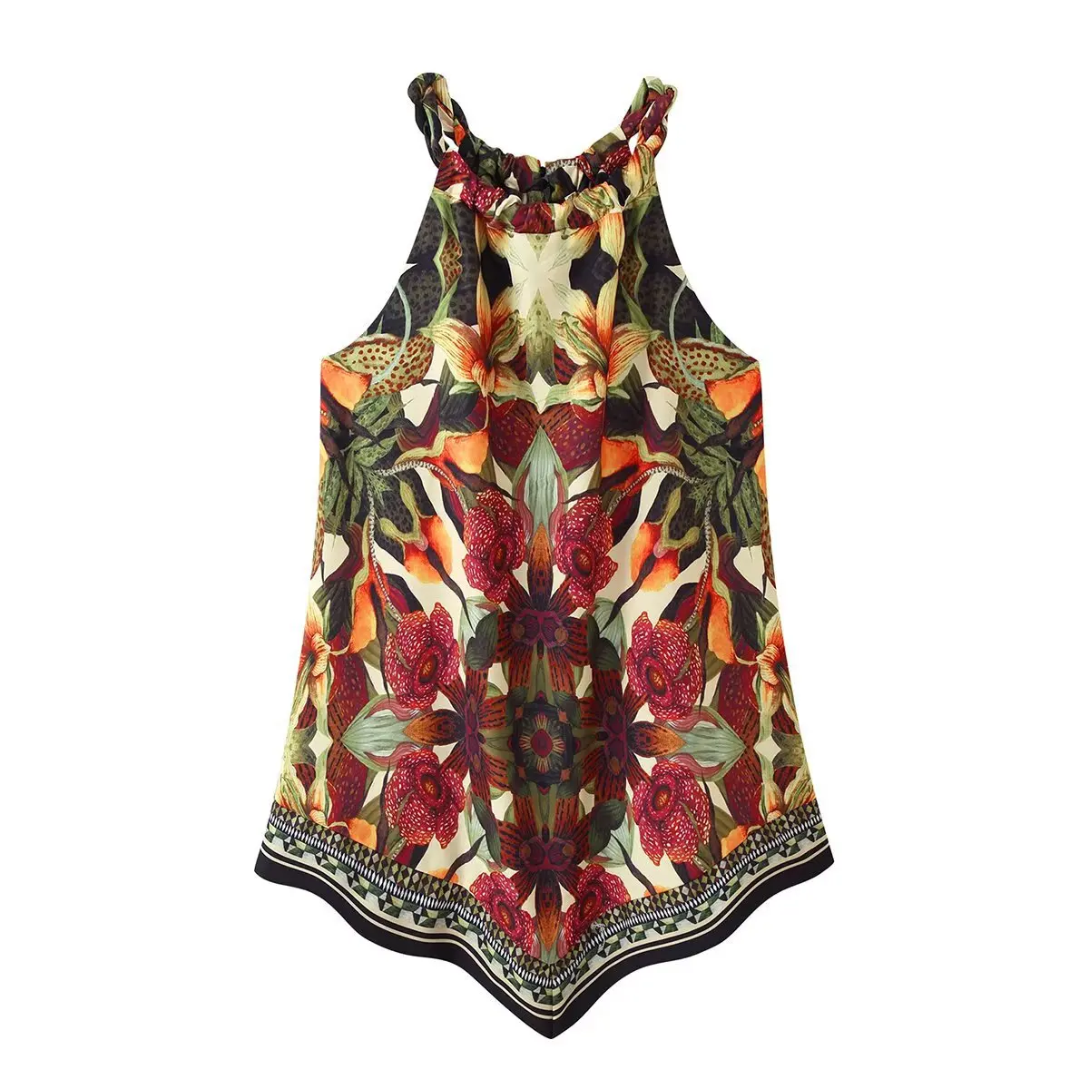 2026 Summer New Women's Seaside Vacation Style Fried Dough Twists Round Neck Sleeveless Asymmetrical Hem Printed Strap Top