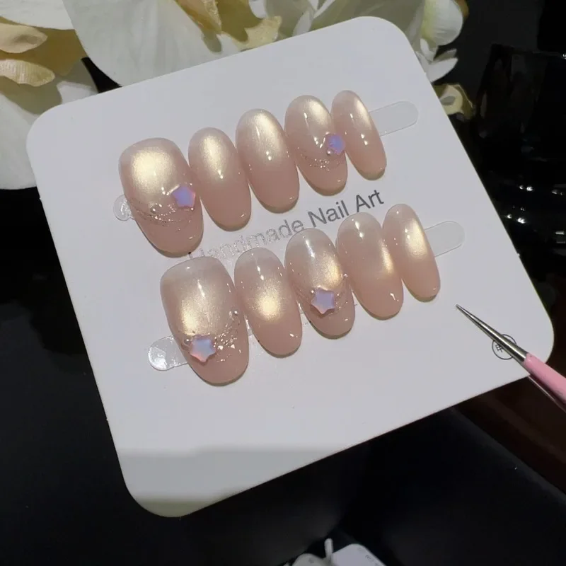 10pcs Handmade Press on Nails with Charms Pink Pearl Glitter Realistic Fake Nails for Girls Artificial False Nails with Glue