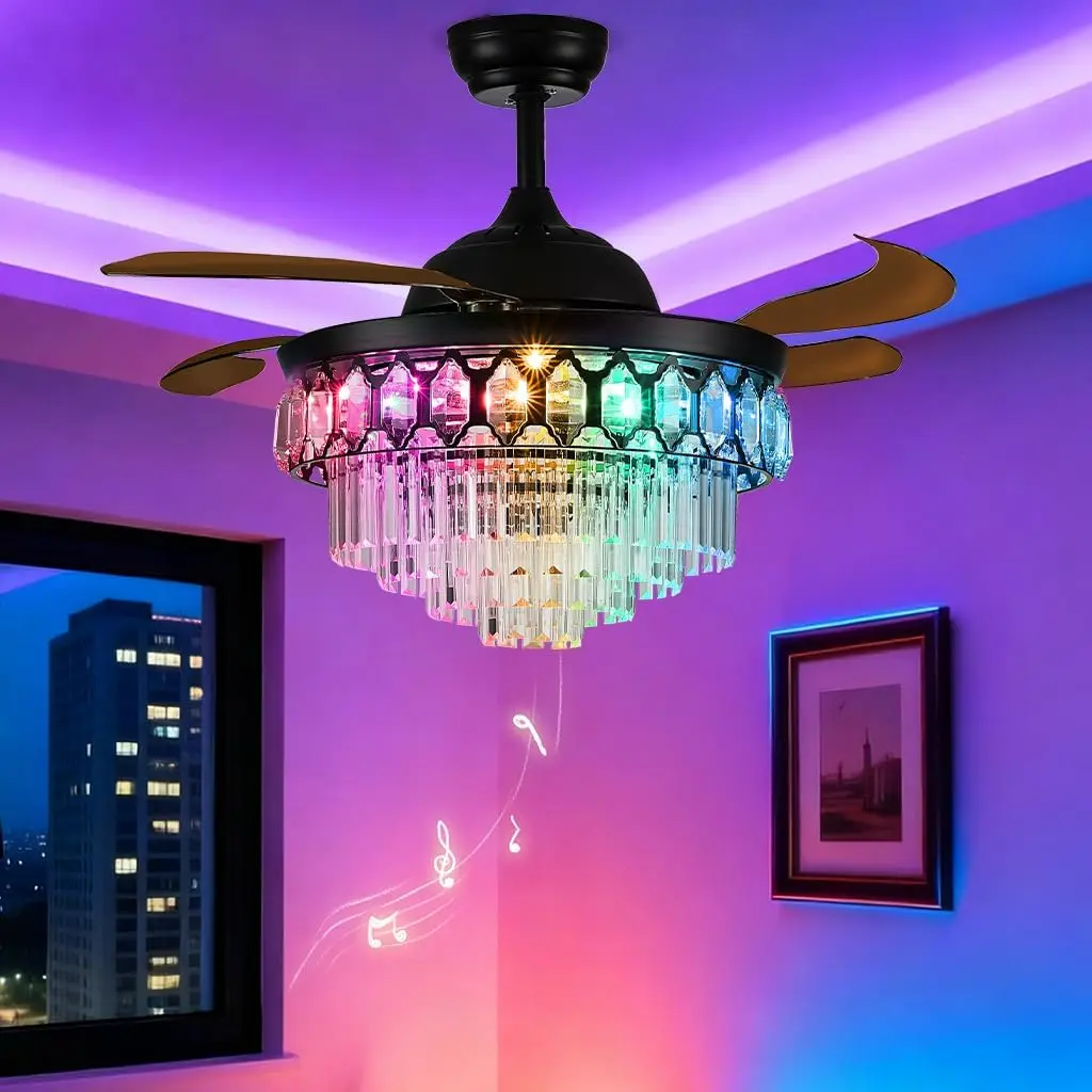 

Умный потолочный вентилятор-люстра 42 дюйма, черный, с RGB LED подсветкой, Bluetooth-колонкой, управлением через приложение, пультом ДУ, регулировкой скорости и таймером, для спальни и гостиной