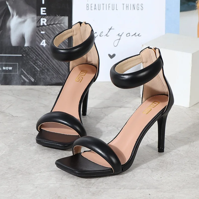 Lady Summer 9.5cm Pencil High Heels Square Toe Zippers Designer Sandals Elegant Luxury Vintage Gold Patent Oversized Party Shoes