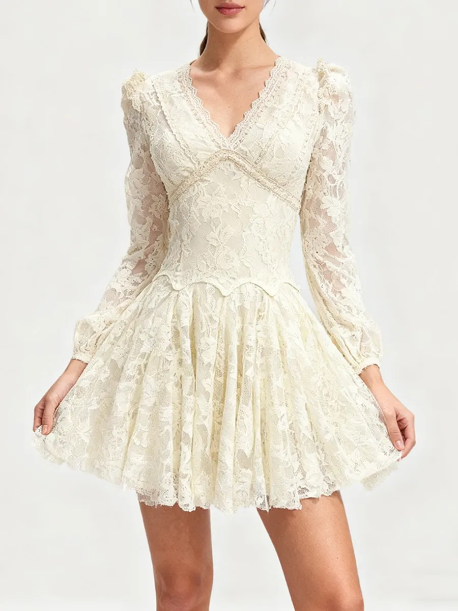 TWOTWINSTYLE 우아한 슬림핏 레이스 미니 드레스 여성용 브이넥 긴 소매 하이웨이스트 패치워크 러플 드레스