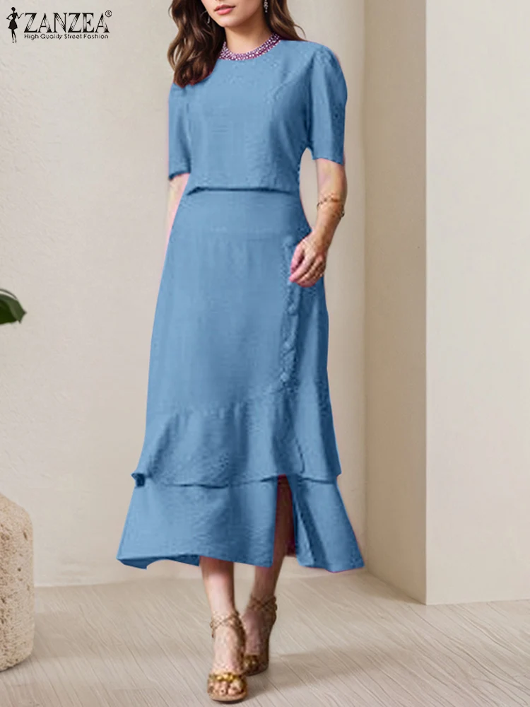 

ZANZEA Elegant OL Work Dress Sets Women Solid Short SLeeve Tops Irregular Ruffled Long Skirts Suits 2025 Matching Sets