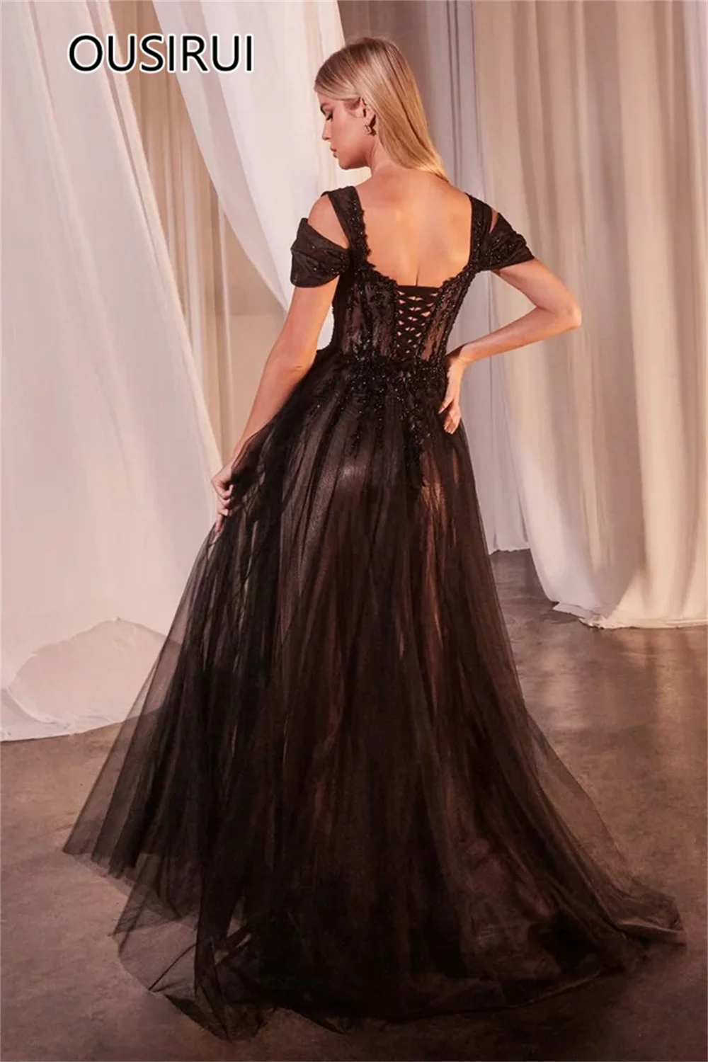 OUSIRUI Black Off-Shoulder Tulle Formal Prom Party Dress A-line Lace up Sweep Train Holiday Prom Gown with Lace robe de mariée